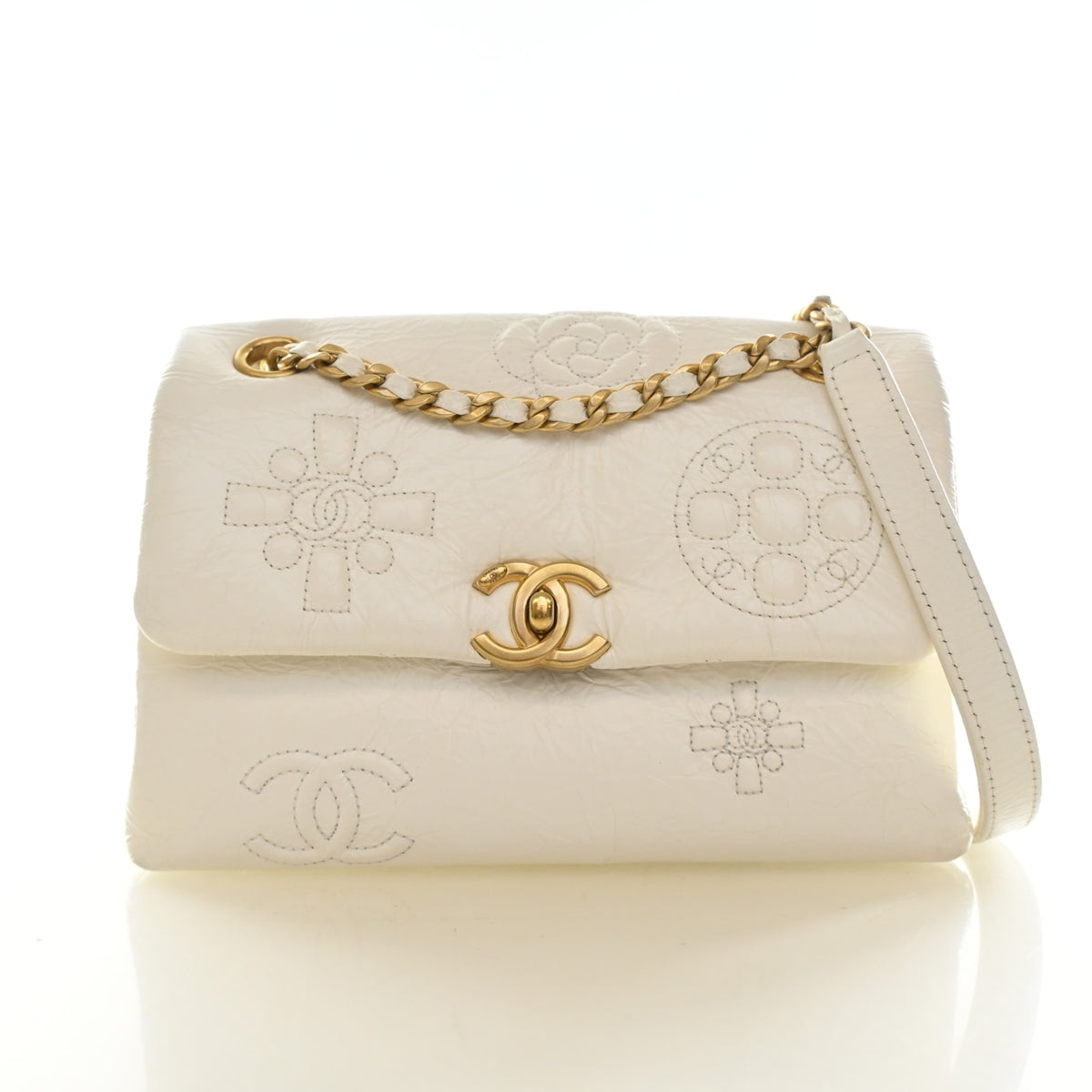 Pre-Owned Chanel Flap Bag Crumpled Calfskin Embossed, front view, authenticated at Luxe Du Jour