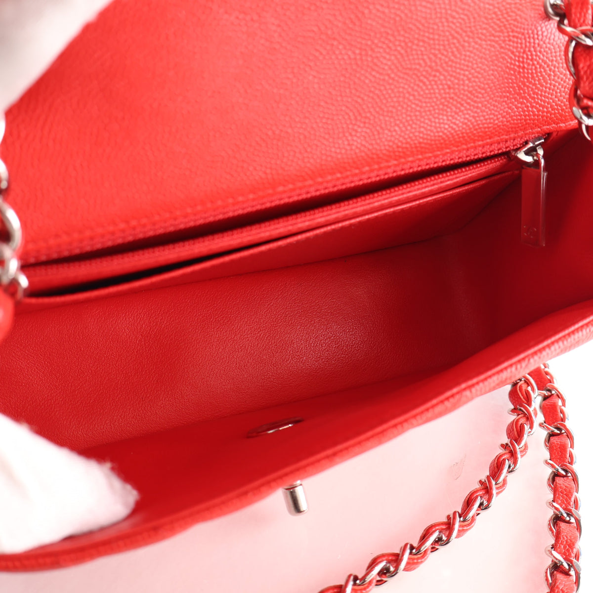 Pre-Owned Chanel Flap Bag Mini Caviar Leather Chevron Rectangle, open interior with lining