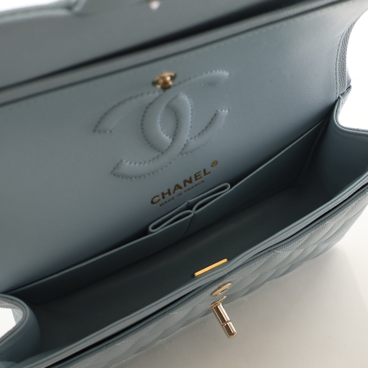 Pre-Owned Chanel Classic Double Flap Small Caviar Leather Bag, open interior with lining, photo 13 of 17