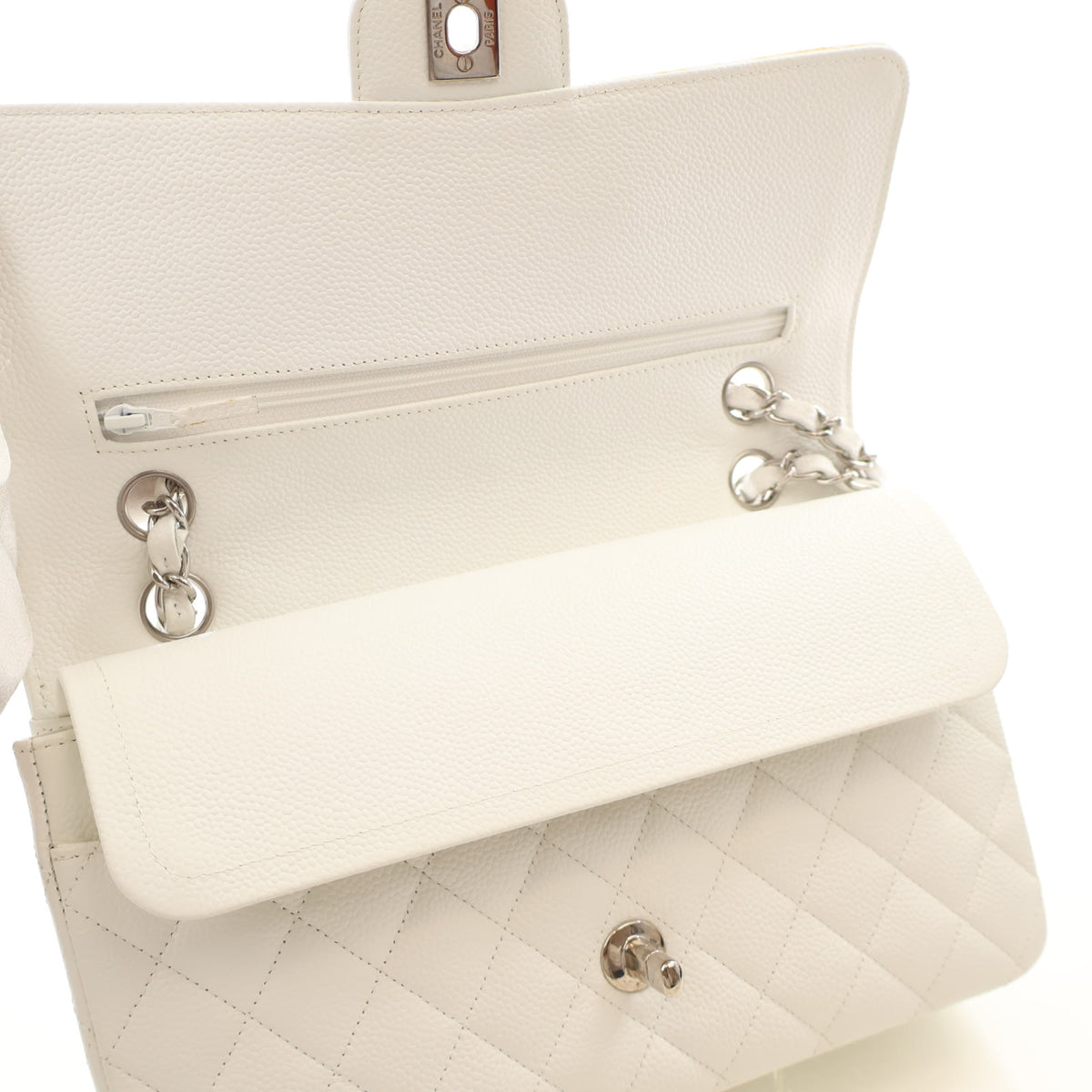 Pre-Owned Chanel Classic Double Flap Medium Caviar Leather Bag, open interior