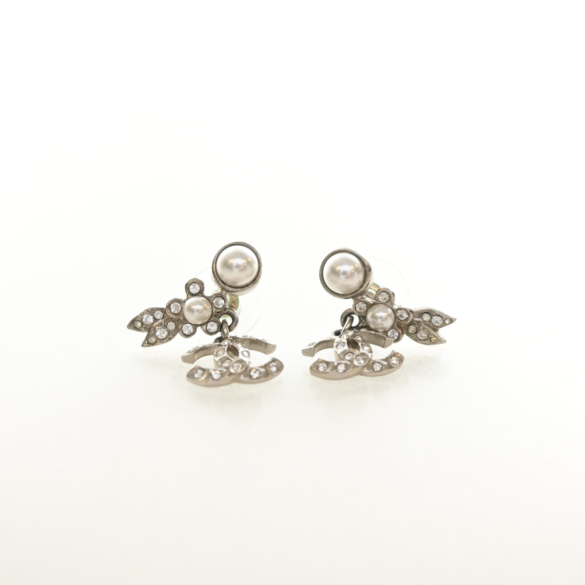 Pre-Owned Chanel Crystal CC Drop Earrings, silver hardware close-up