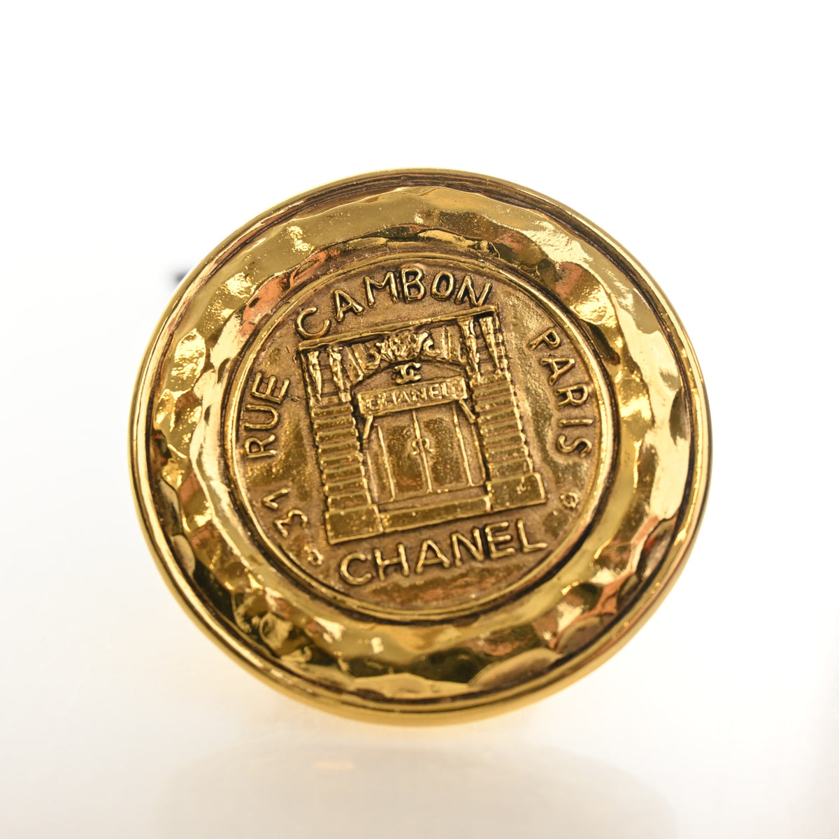 Vintage Chanel Brooch 31 Rue Cambon Medallion, gold hardware close-up, photo 4 of 6