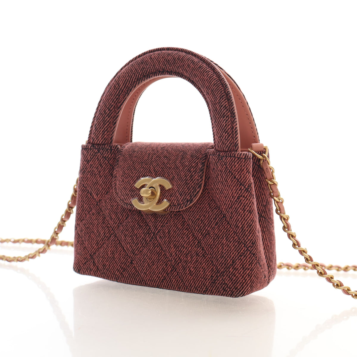 Pre-Owned Chanel Top Handle Nano Denim Kelly, three-quarter view