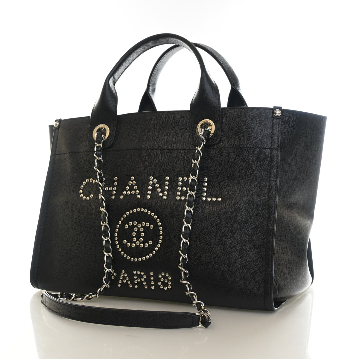 Pre-Owned Chanel Tote Small Caviar Leather Studded Deauville, three-quarter view, photo 3 of 13