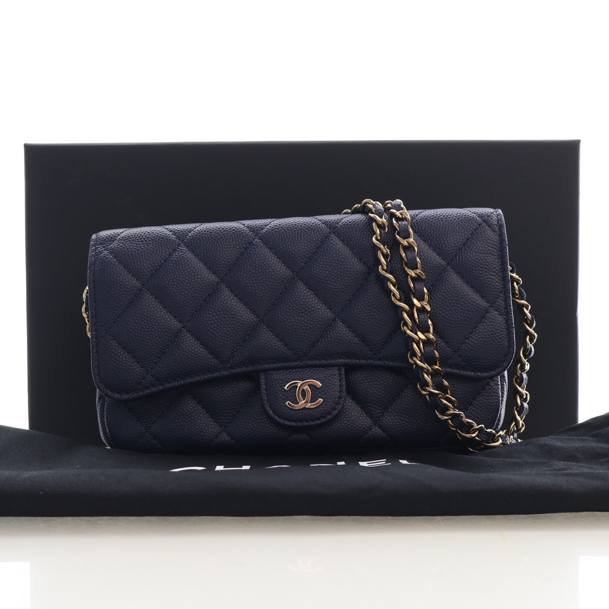 Pre-Owned Chanel Classic Flap Caviar Leather Phone Bag With Chain, front view, photo 18 of 18