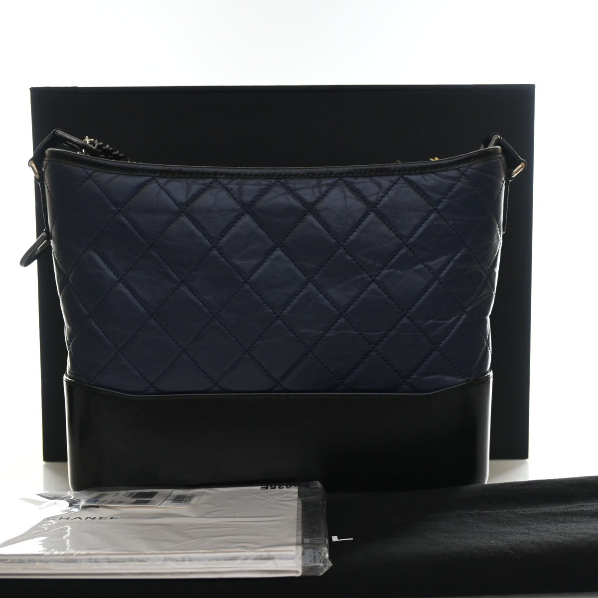 Pre-Owned Chanel Hobo Medium Glazed Calfskin Gabrielle, shown with dust bag and packaging