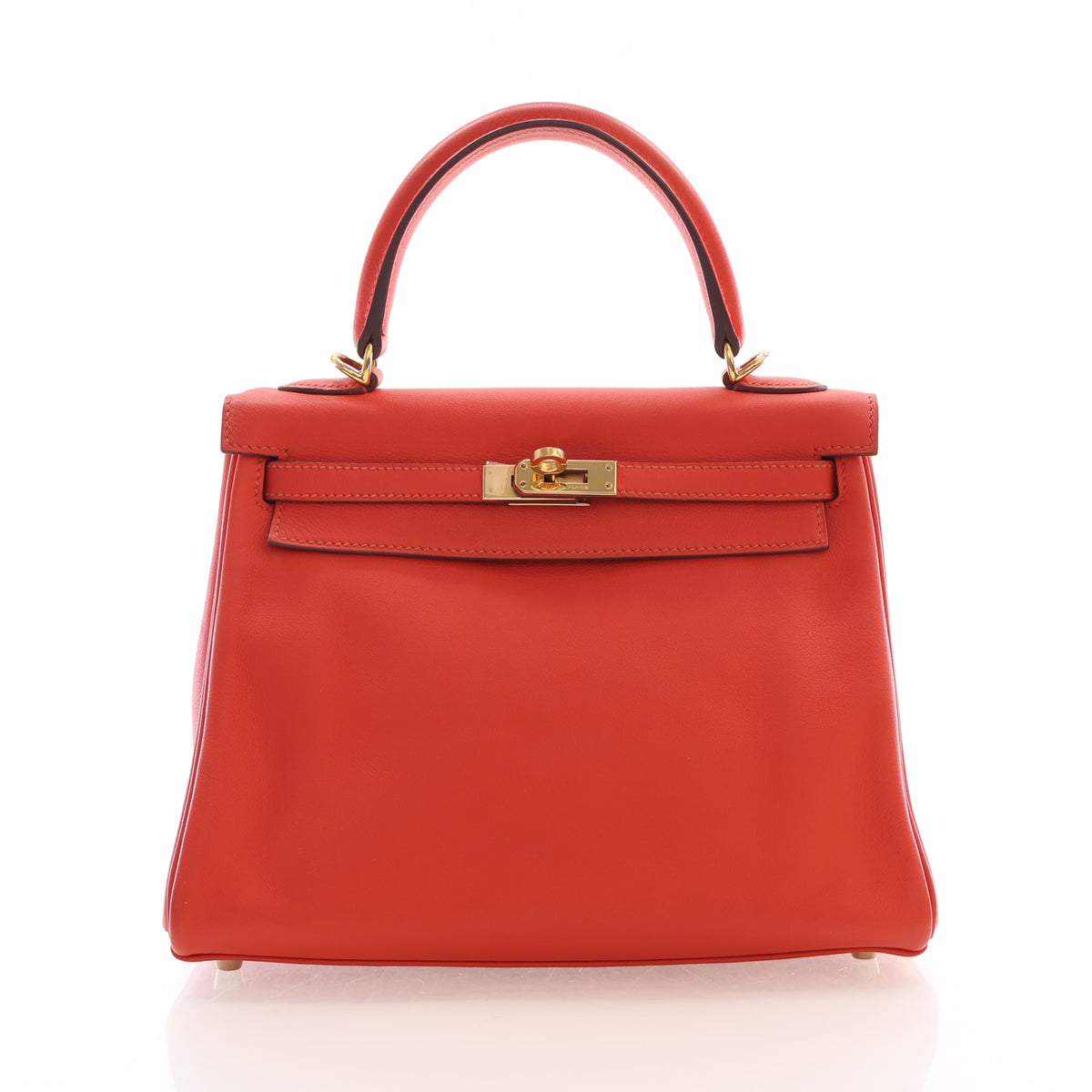 Pre-Owned Hermès Kelly 25 Rouge Pivoine Swift Leather, front view, authenticated at Luxe Du Jour