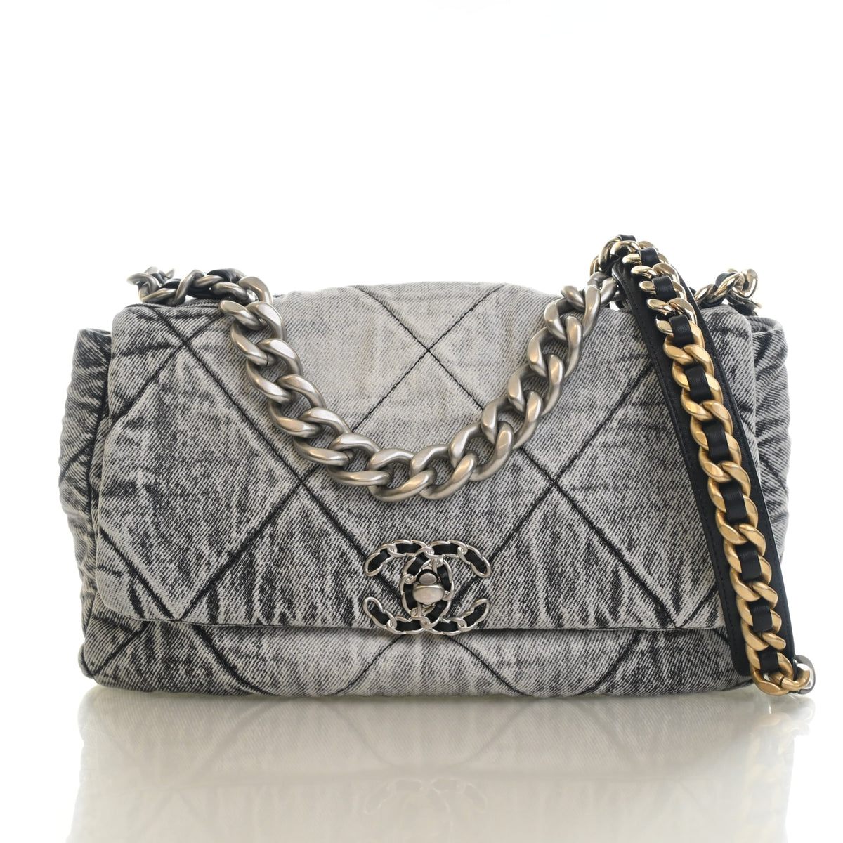 Pre-Owned Chanel 19 Flap Bag Medium Denim, front view, authenticated at Luxe Du Jour
