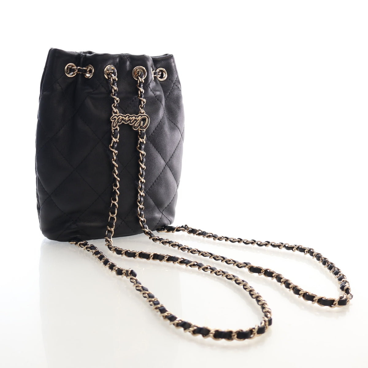Pre-Owned Chanel Backpack Small Lambskin Drawstring, strap detail