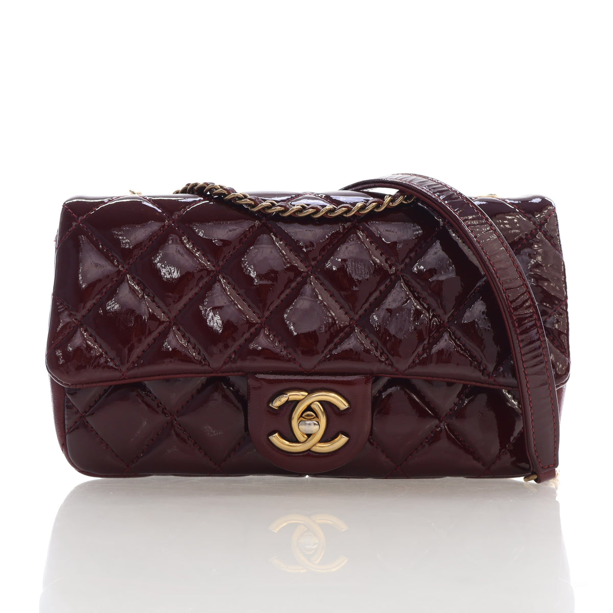 Pre-Owned Chanel Flap Bag Small Patent Leather Classic Single, front view, authenticated at Luxe Du Jour