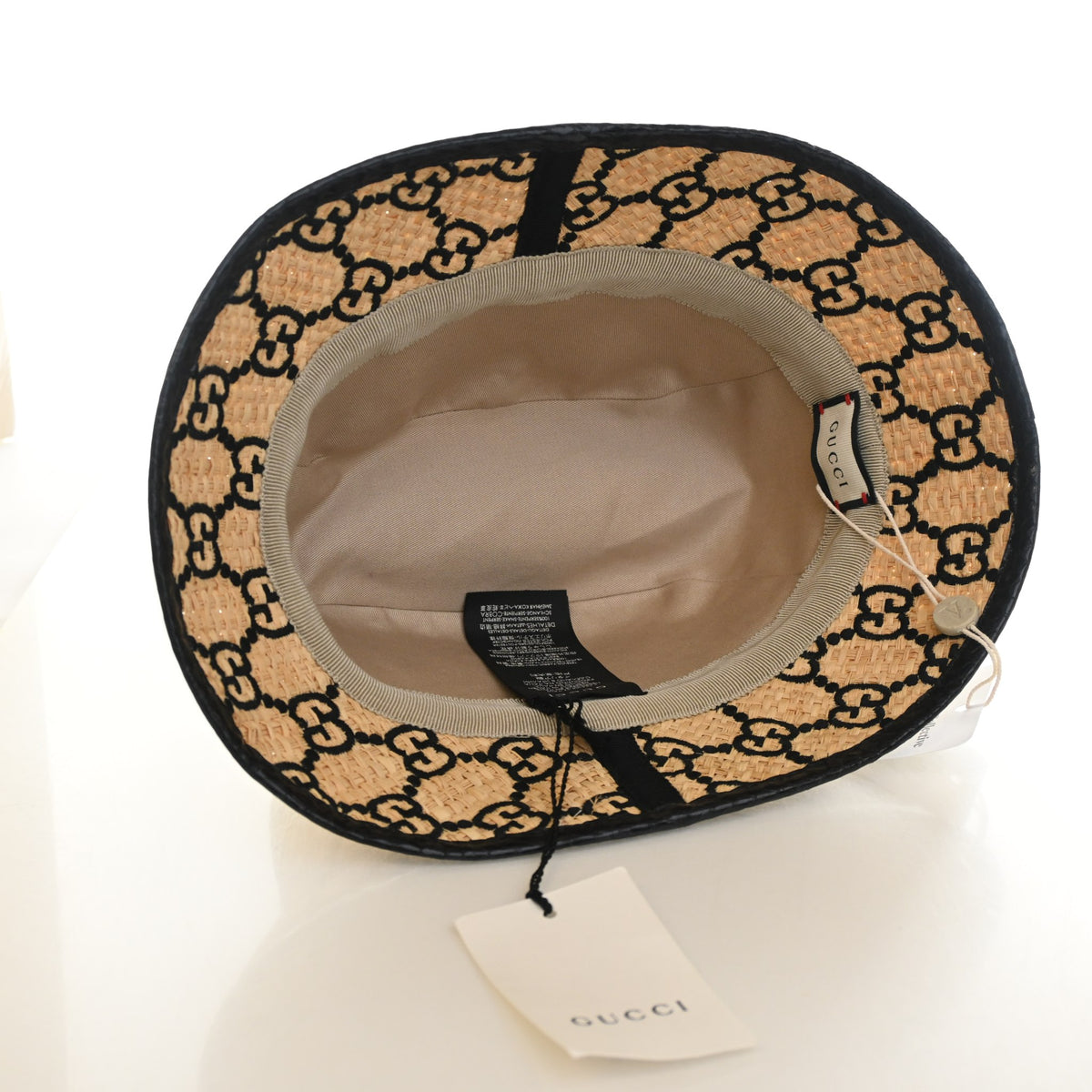 Pre-Owned Gucci Hat Raffia Elaphe Interlocking GG Fedora, open interior with lining