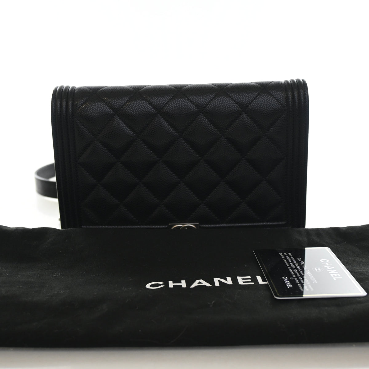 Pre-Owned Chanel Wallet On Chain Caviar Leather Boy WOC, flat lay