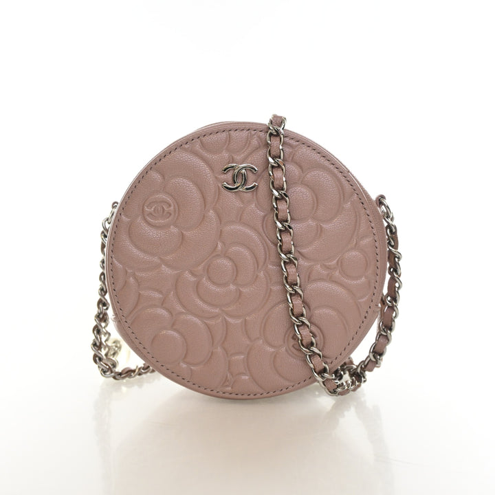 Chanel Goatskin Camellia Round Clutch On Chain