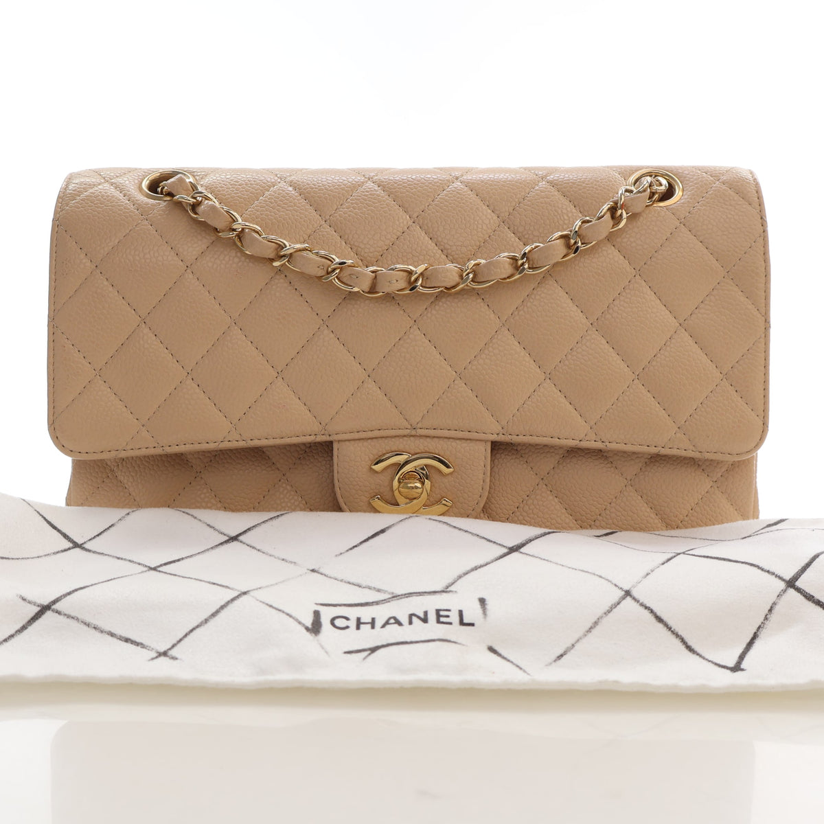 Pre-Owned Chanel Classic Double Flap Medium Caviar Leather Bag, shown with dust bag and packaging, photo 20 of 20