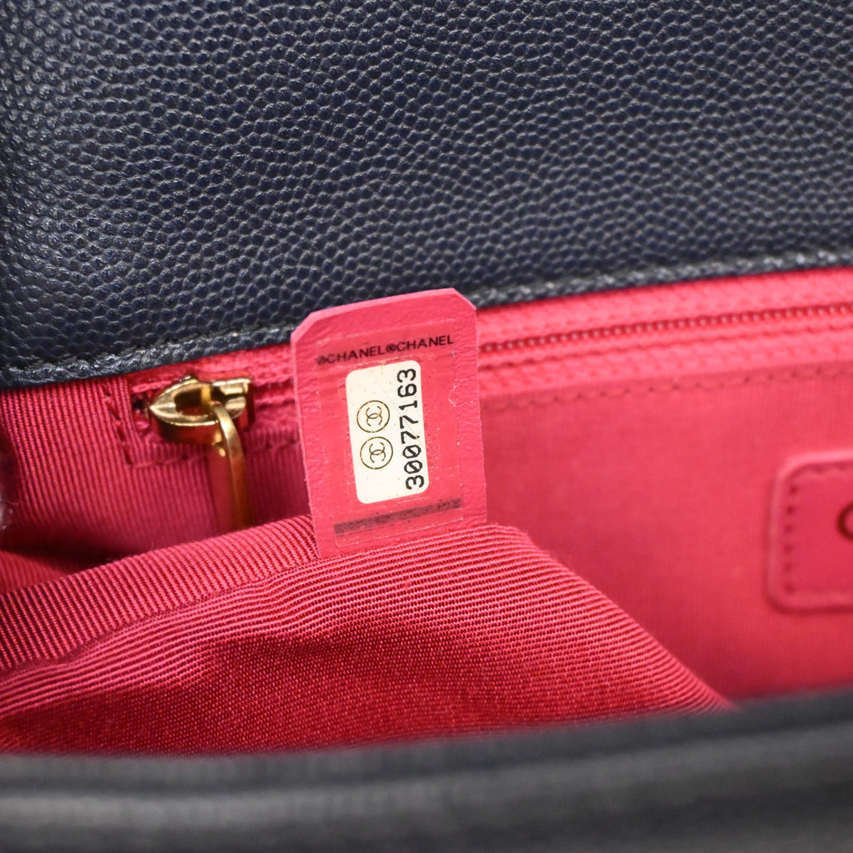 Pre-Owned Chanel Flap Bag Small Caviar Leather Fashion Therapy, interior label and date code