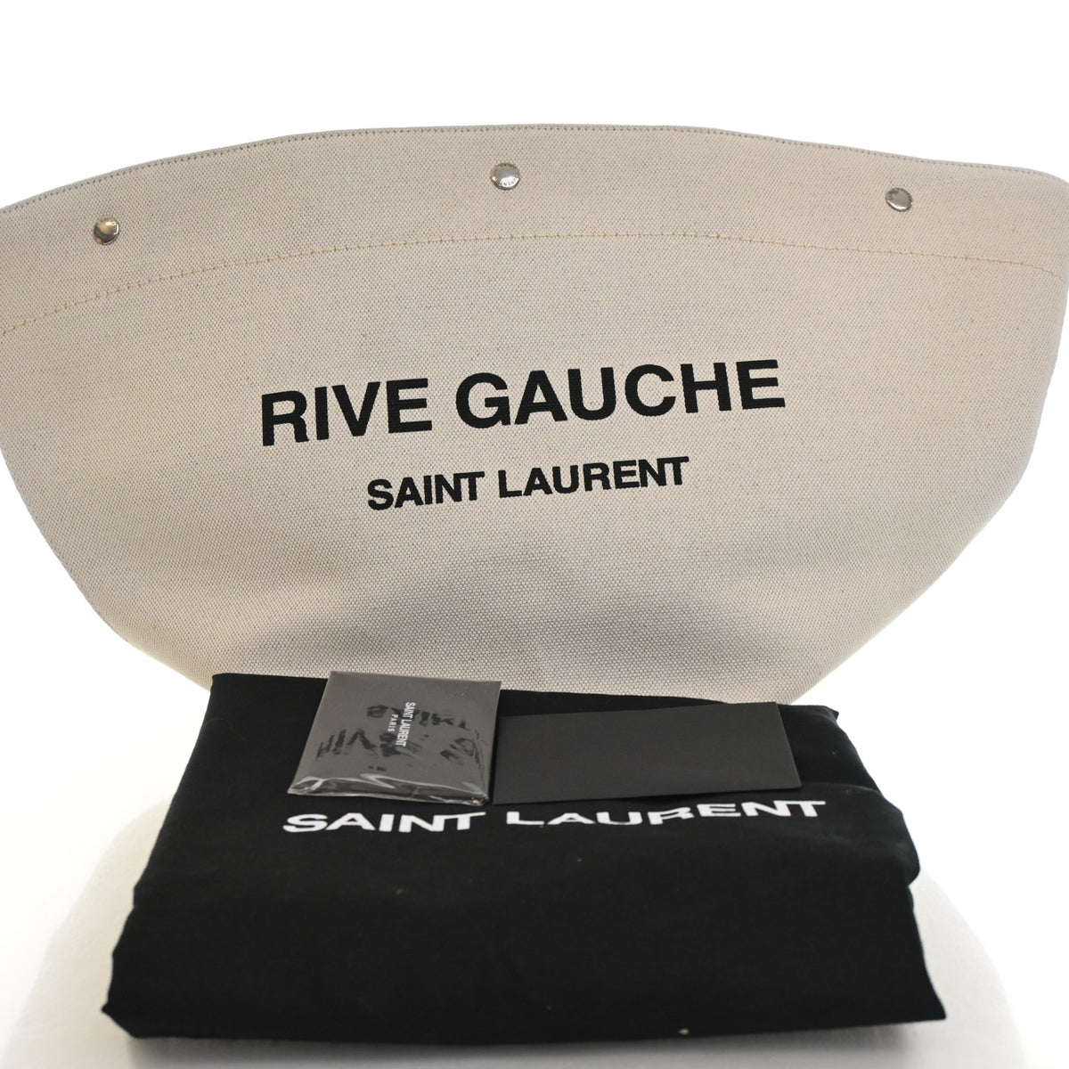 Pre-Owned Saint Laurent Tote Mixed Fibers Rive Gauche Cabas, shown with dust bag and packaging