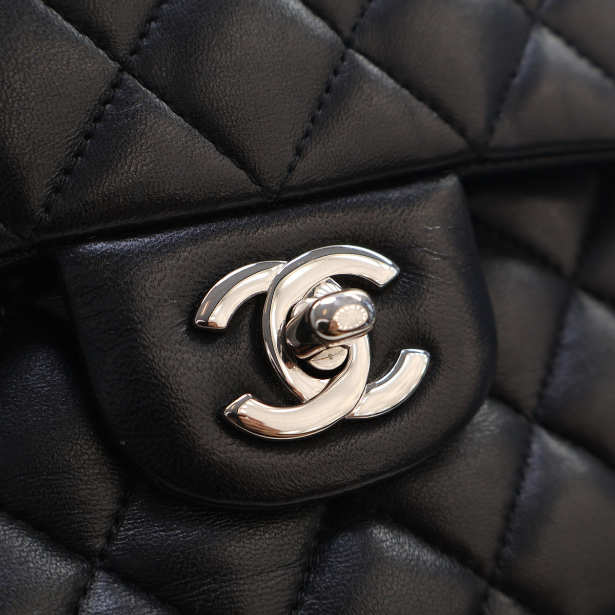 Pre-Owned Chanel Classic Double Flap Small Lambskin Bag, silver embossed logo detail
