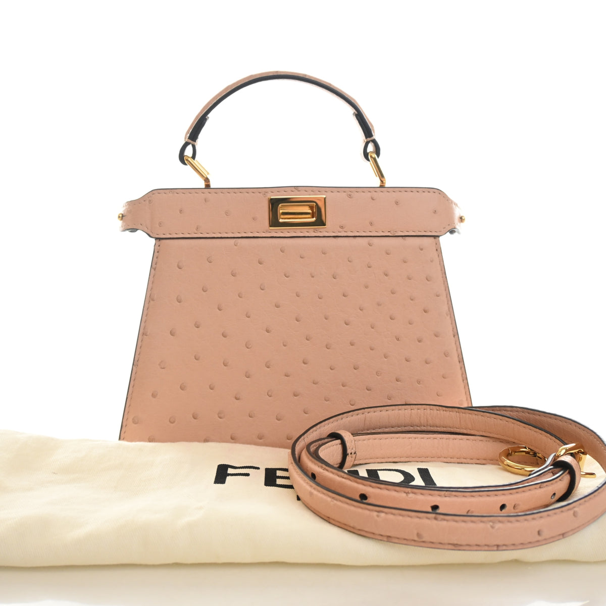Pre-Owned Fendi Peekaboo Ostrich Leather Iseeu Petite, shown with dust bag and packaging