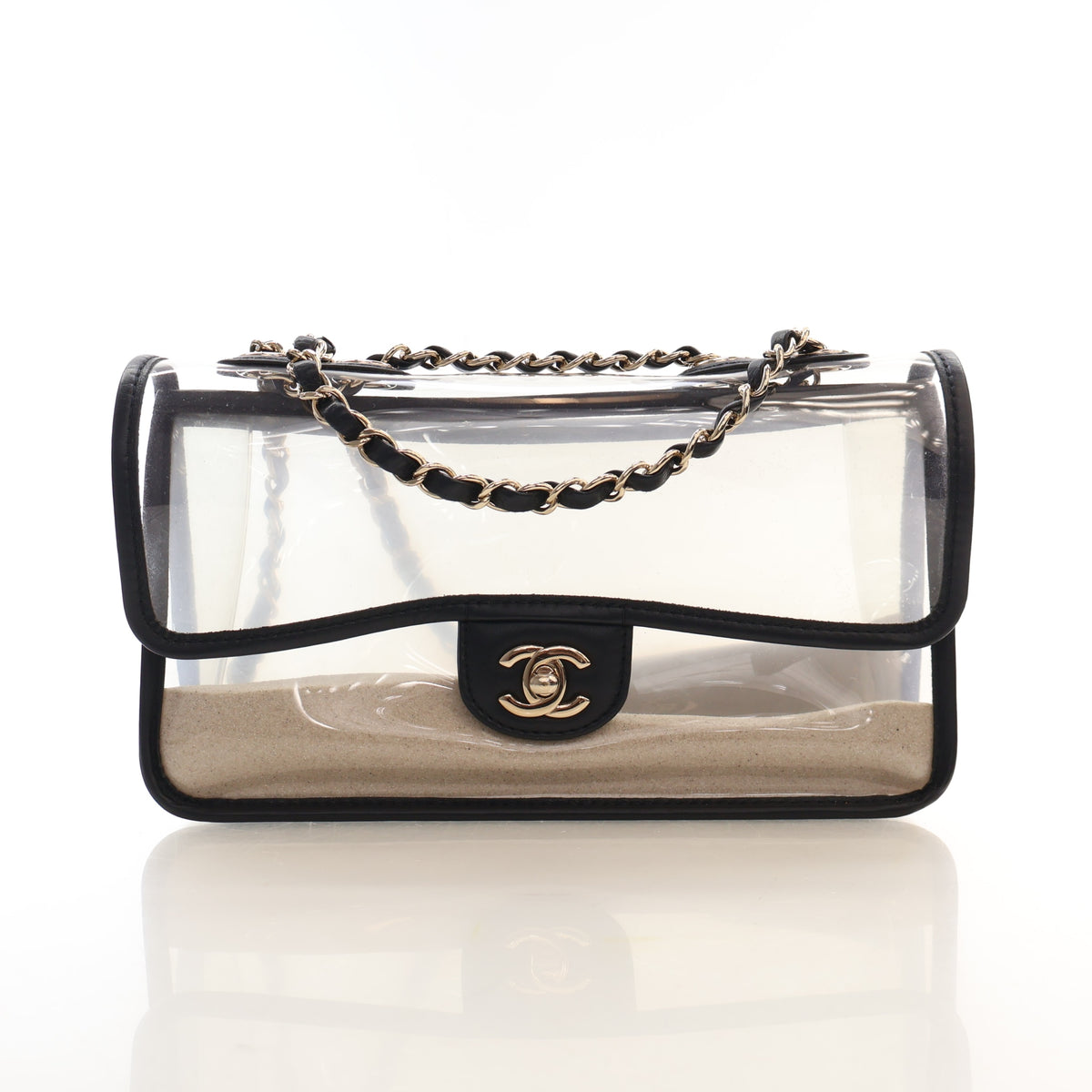 Pre-Owned Chanel Flap Bag Medium PVC Sand By The Sea, front view, authenticated at Luxe Du Jour