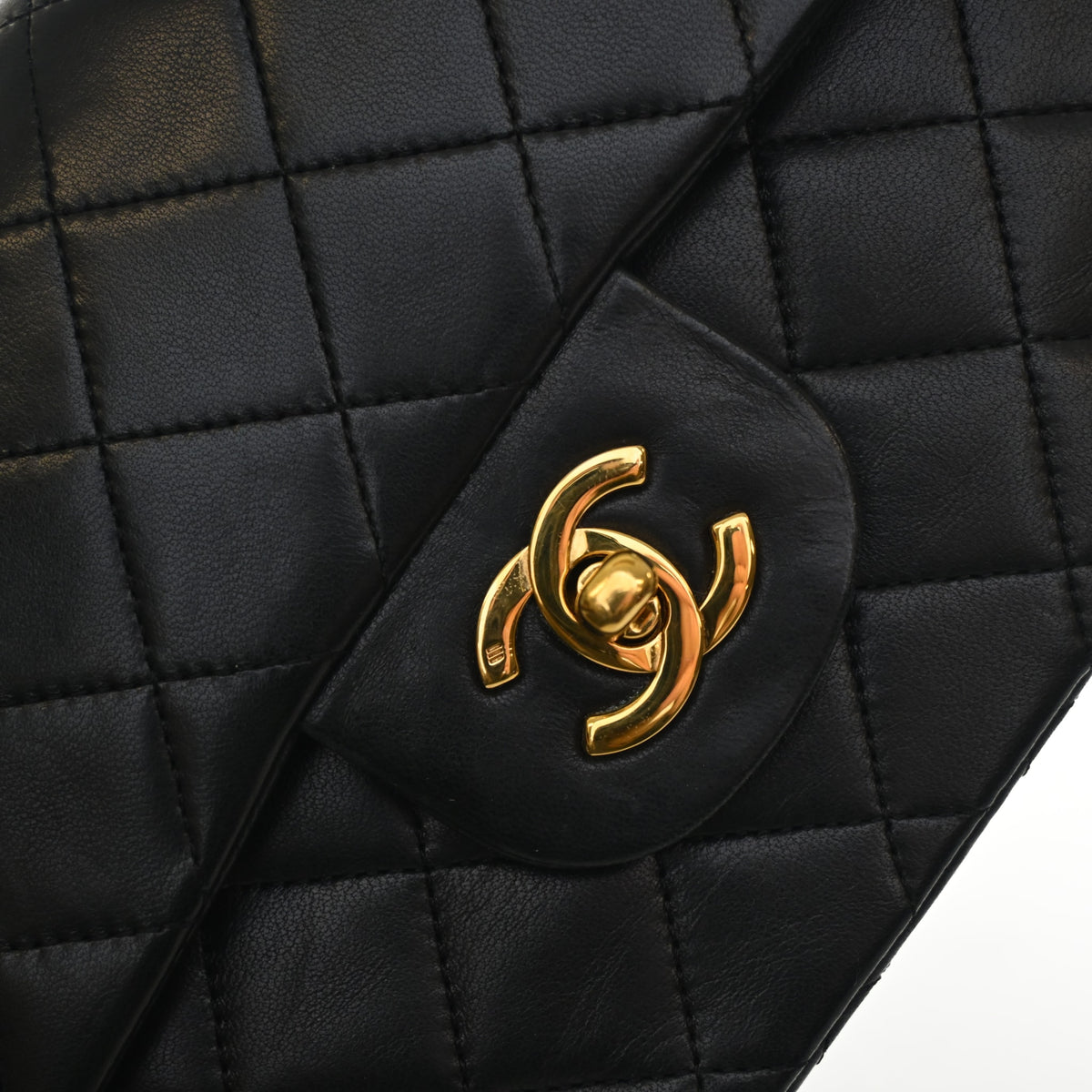 Vintage Chanel Classic Double Flap Small Lambskin Bag, gold hardware close-up