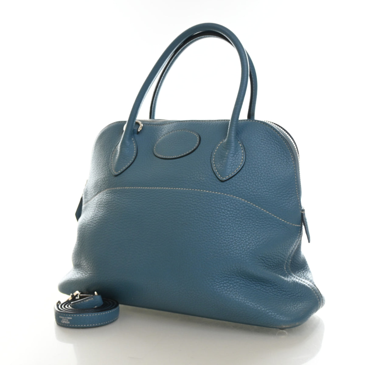 Vintage Hermès Bolide 31 Bleu Jean Clemence Leather, three-quarter view