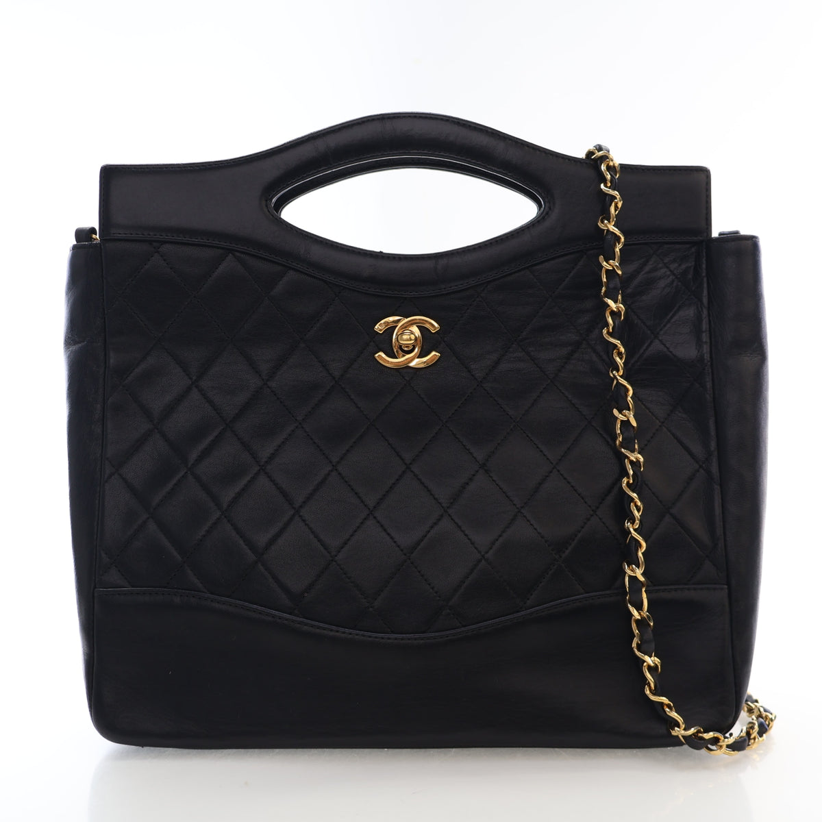 Vintage Chanel Tote Bag Small Lambskin, front view, authenticated at Luxe Du Jour