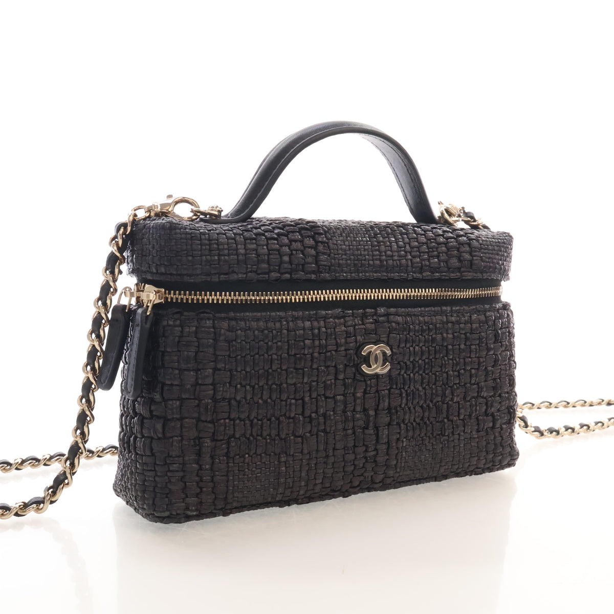 Pre-Owned Chanel Top Handle Small Raffia Slim Vanity With Chain, three-quarter view, authenticated at Luxe Du Jour