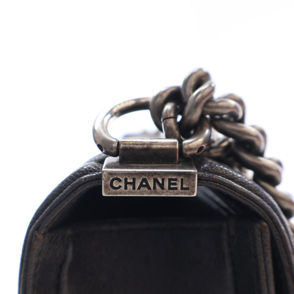 Pre-Owned Chanel Boy Bag Small Caviar Leather, silver hardware close-up, photo 11 of 17