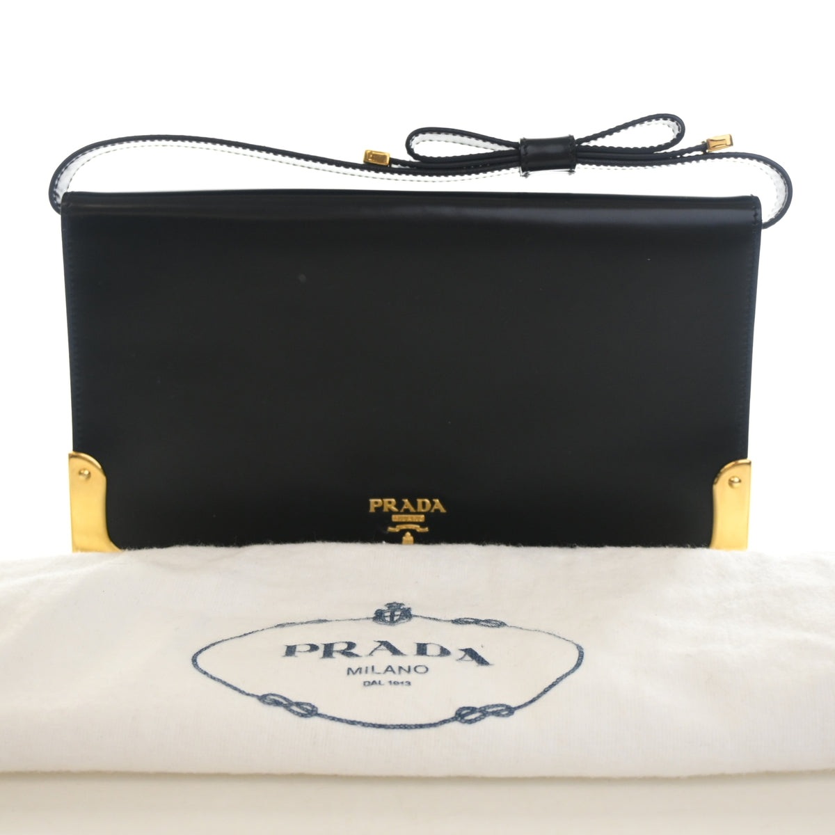 Pre-Owned Prada Pochette Spazzolato Bow, shown with dust bag and packaging