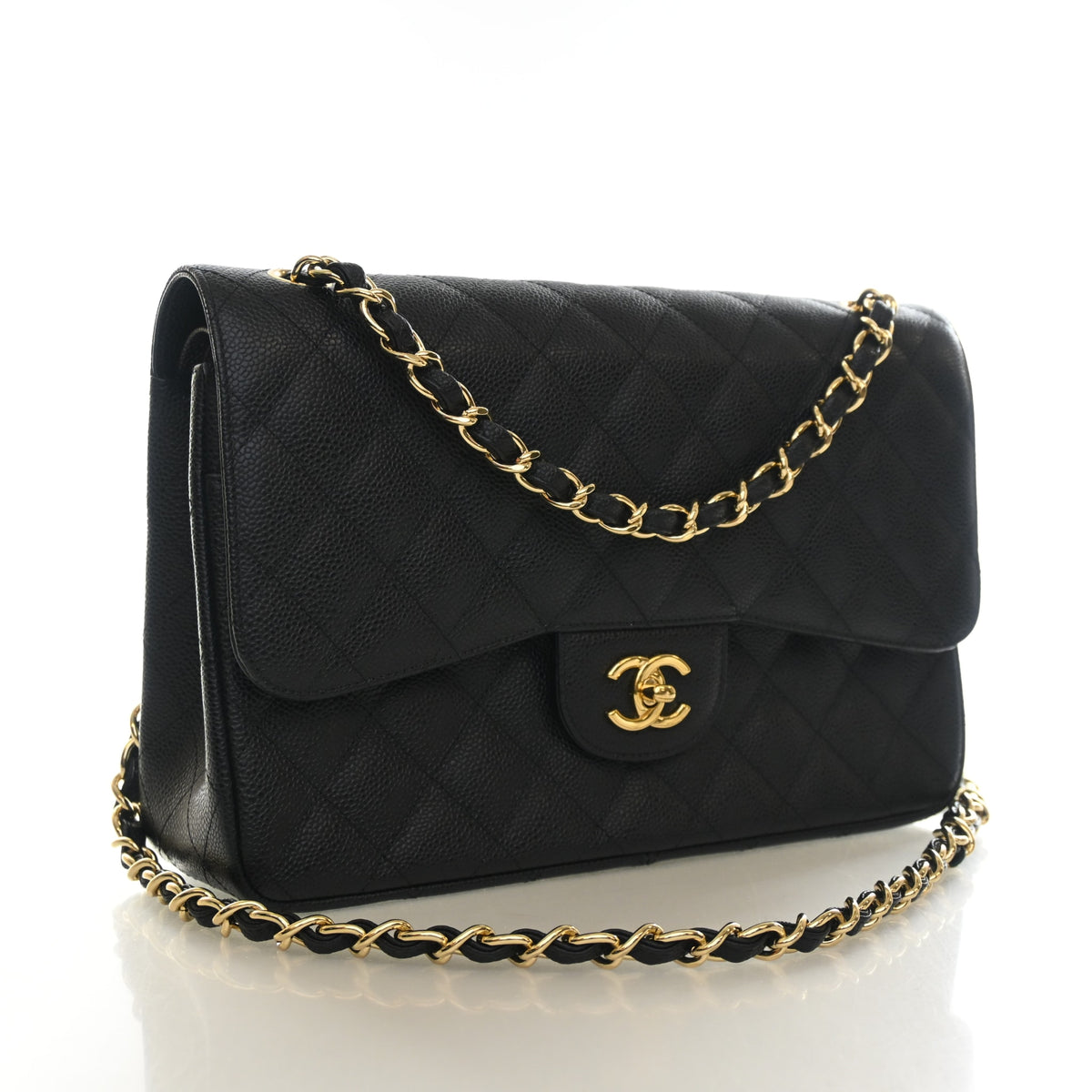 Pre-Owned Chanel Classic Double Flap Jumbo Caviar Leather Bag, three-quarter view, photo 2 of 15
