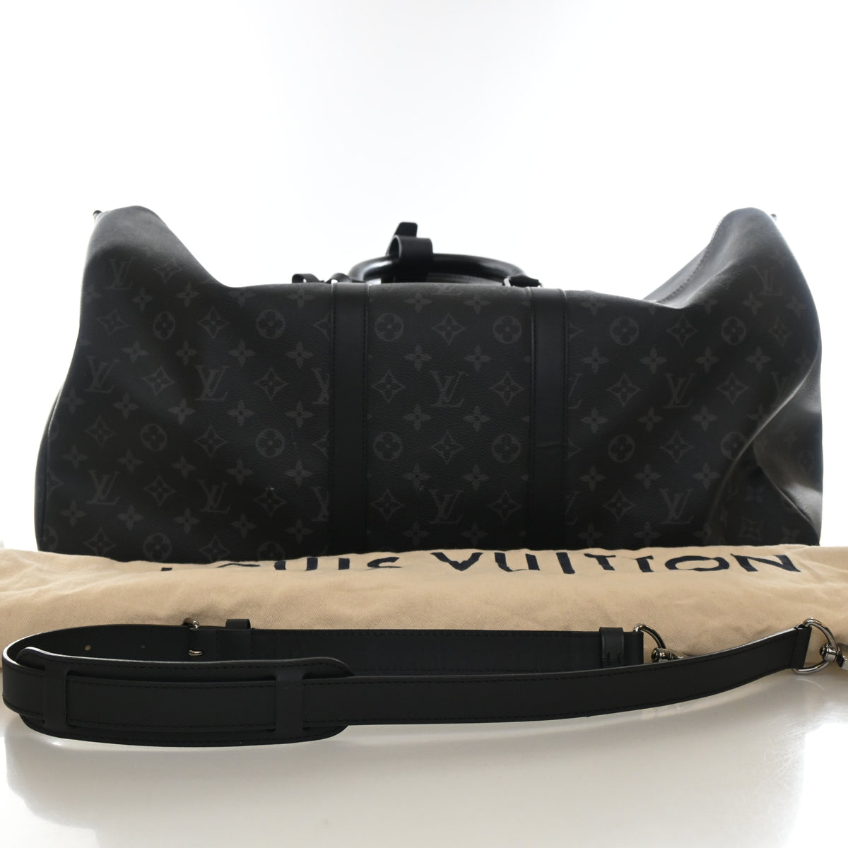 Pre-Owned Louis Vuitton 55 Monogram Eclipse Keepall, flat lay