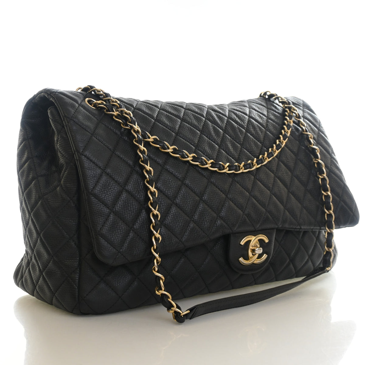 Pre-Owned Chanel Flap Bag XXL Calfskin Airline Single, three-quarter view, authenticated at Luxe Du Jour