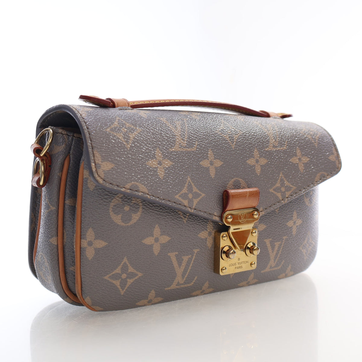 Pre-Owned Louis Vuitton Pochette Metis Canvas Monogram East West, three-quarter view, authenticated at Luxe Du Jour