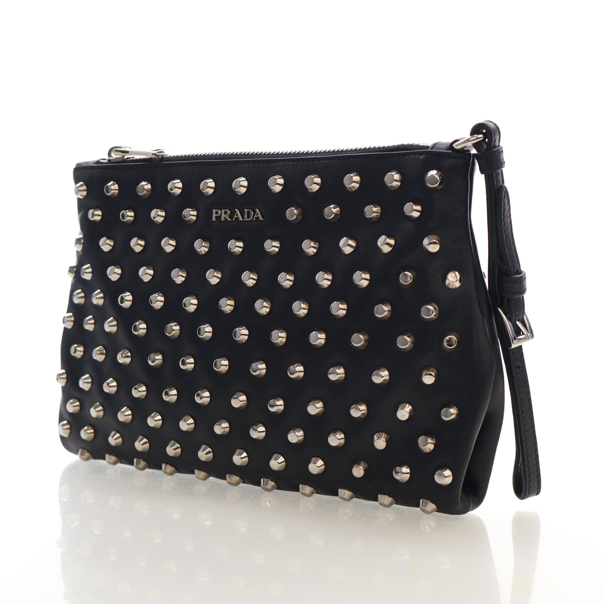 Pre-Owned Prada Clutch Calf Metal Studded Leather, three-quarter view