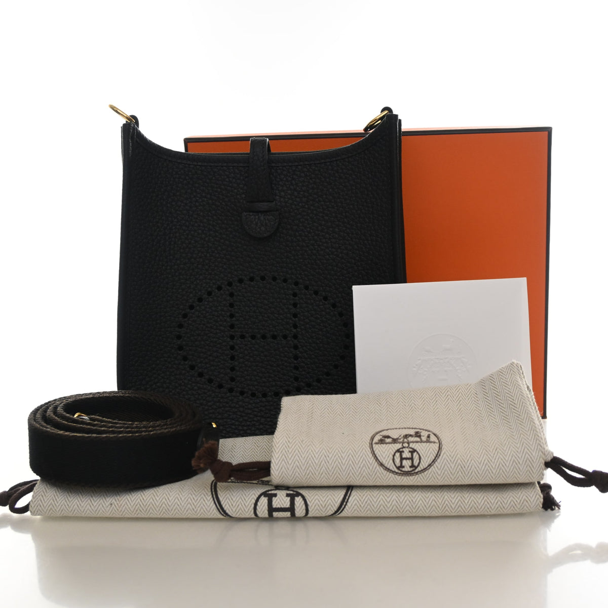 Pre-Owned Chanel Evelyne TPM Hermes Noir Clemence Leather 16, shown with dust bag and packaging
