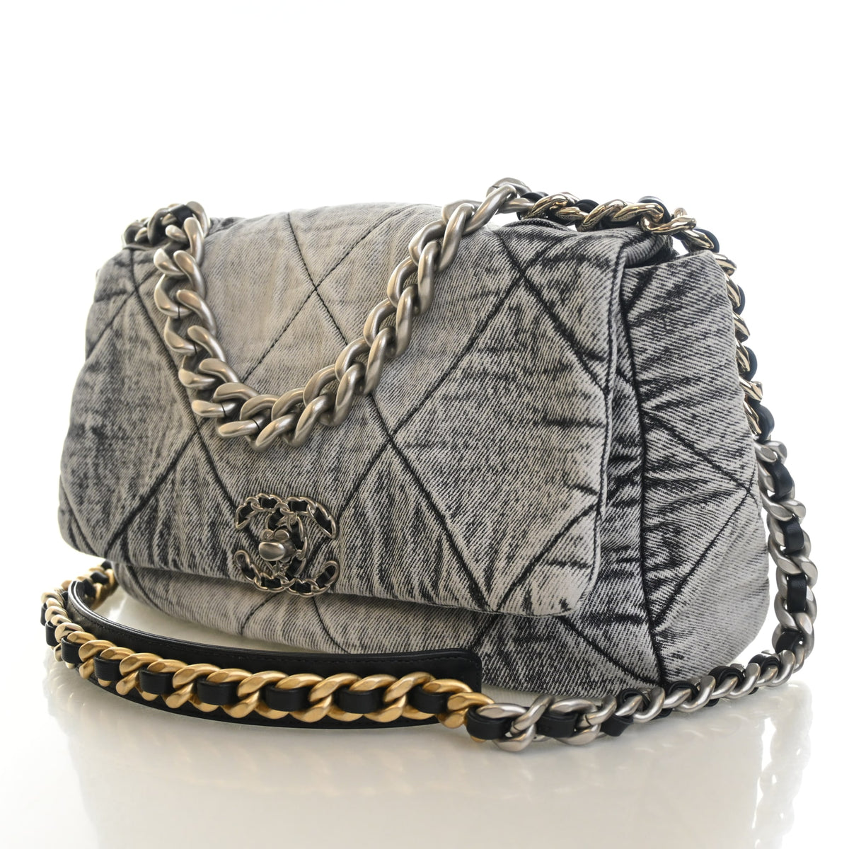 Pre-Owned Chanel 19 Flap Bag Medium Denim, three-quarter view