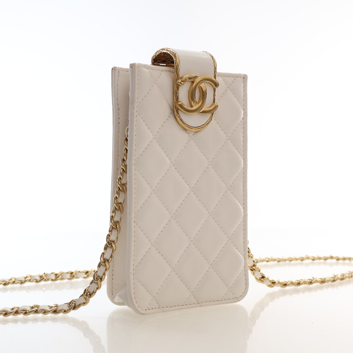 Pre-Owned Chanel Phone Holder Lambskin On Chain, three-quarter view, authenticated at Luxe Du Jour