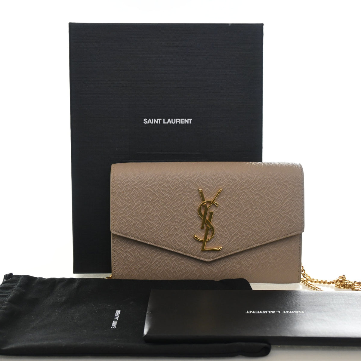 Pre-Owned Saint Laurent Chain Wallet Calfskin Uptown, shown with dust bag and packaging