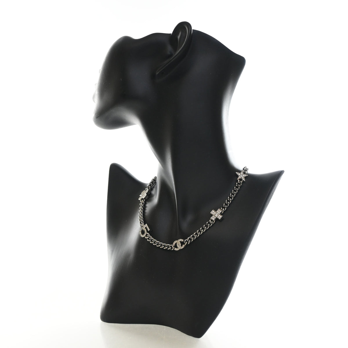 Pre-Owned Chanel Necklace Crystal CC Symbol Choker, worn on model, photo 5 of 9