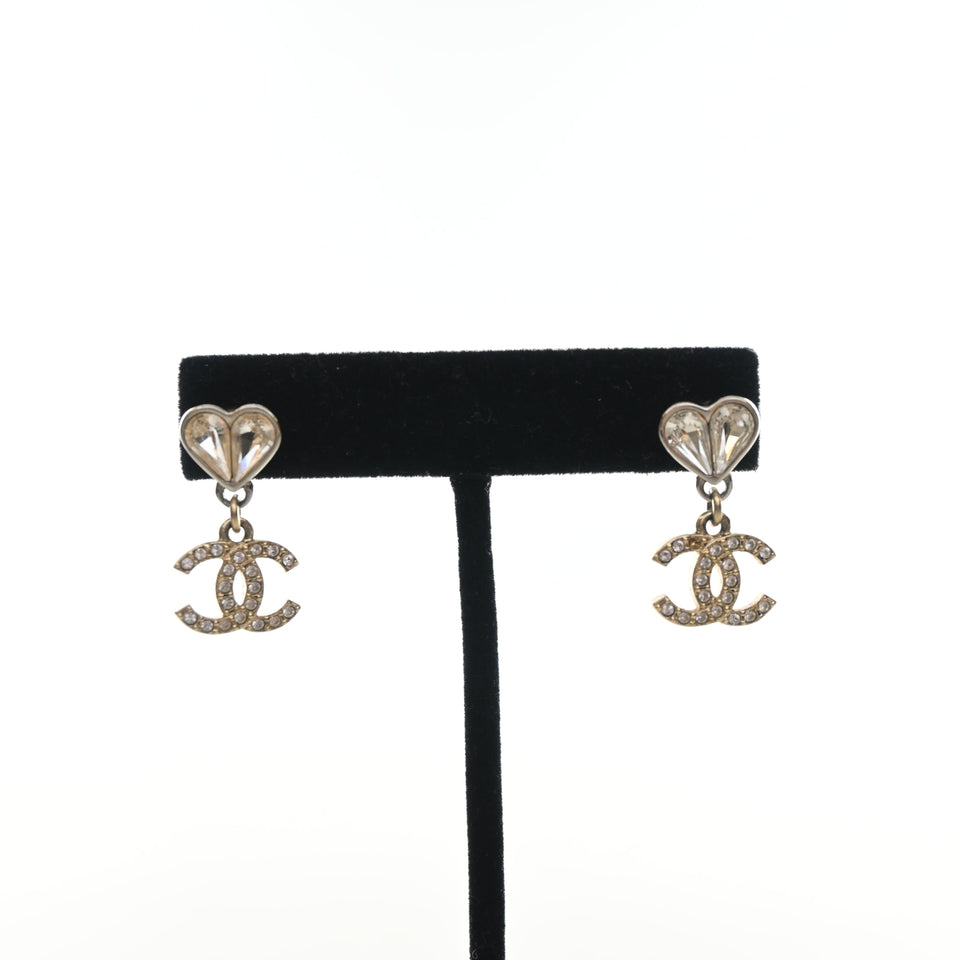 Chanel Crystal Heart CC Drop Earrings