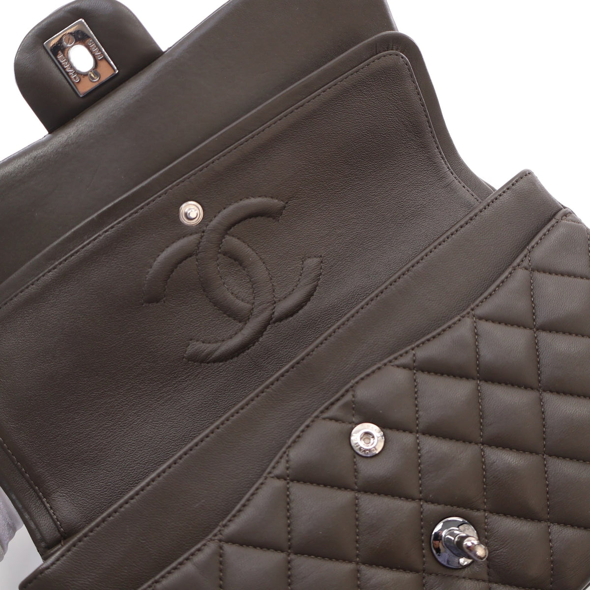 Pre-Owned Chanel Classic Double Flap Medium Lambskin Bag, open interior with lining, photo 13 of 18