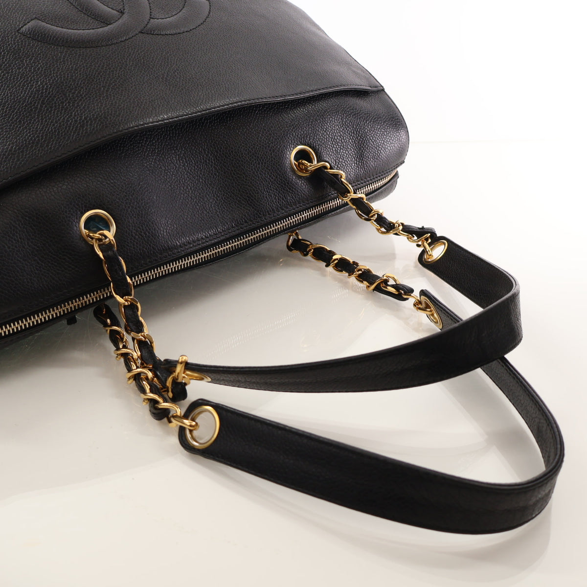 Vintage Chanel Caviar Leather Bowling Bag, strap and chain detail