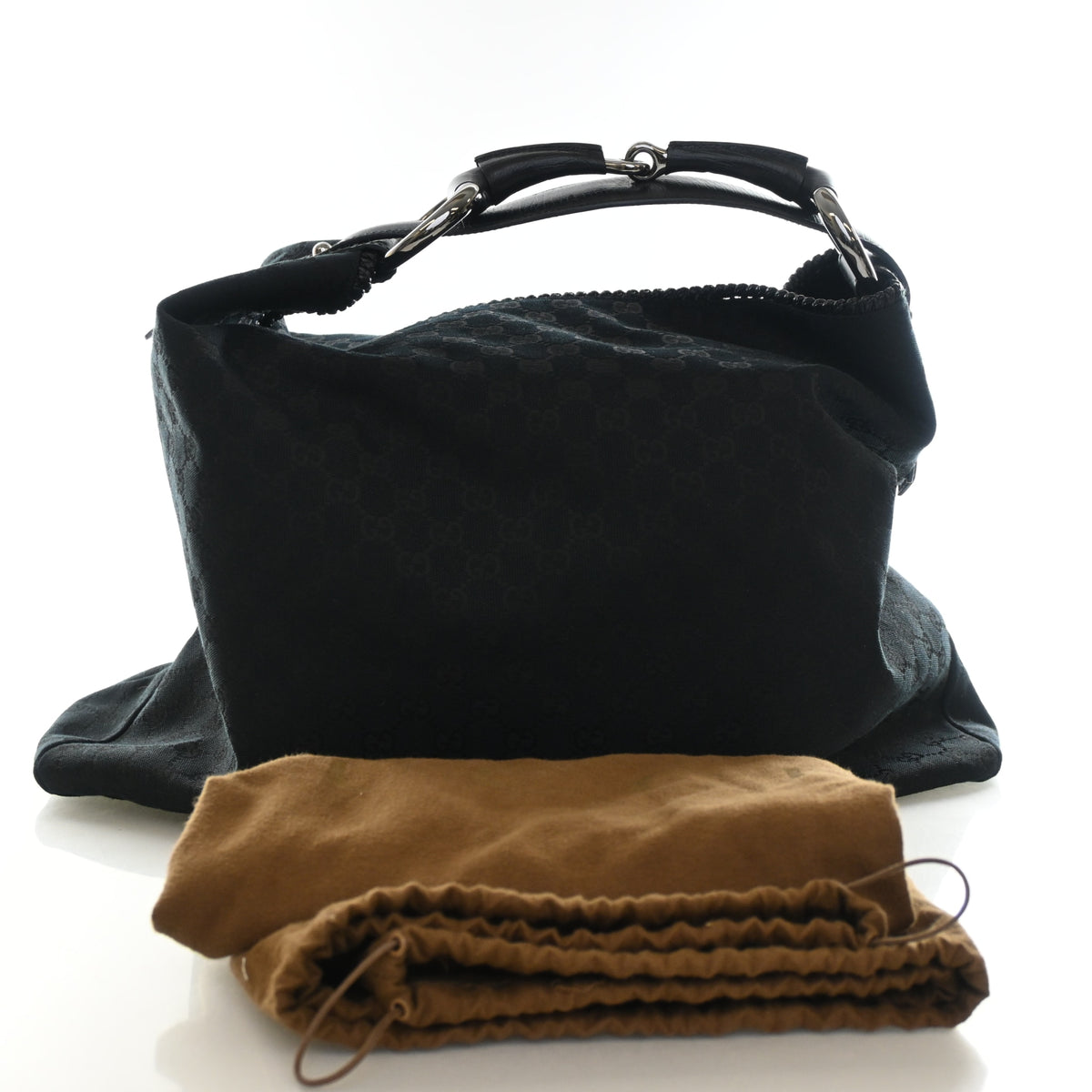 Pre-Owned Gucci Horsebit Large GG Canvas Hobo, shown with dust bag and packaging