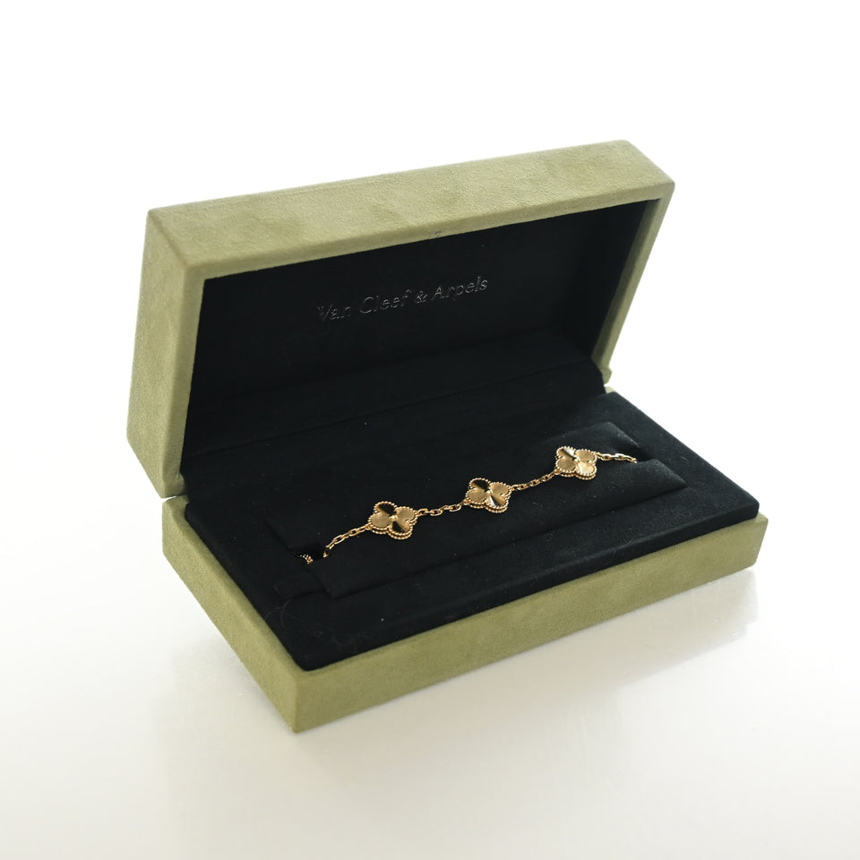 Van Cleef & Arpels 18K Yellow Gold Guilloche 5 Motif Vintage Alhambra Bracelet