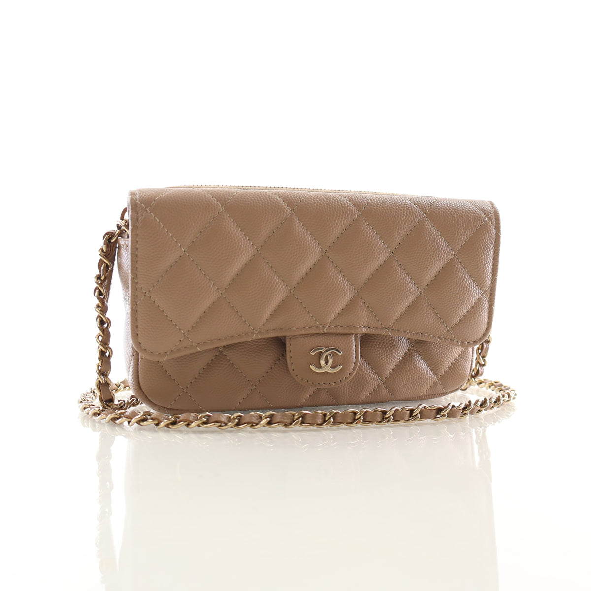 Pre-Owned Chanel Phone Holder Caviar Leather Flap With Chain, three-quarter view, authenticated at Luxe Du Jour