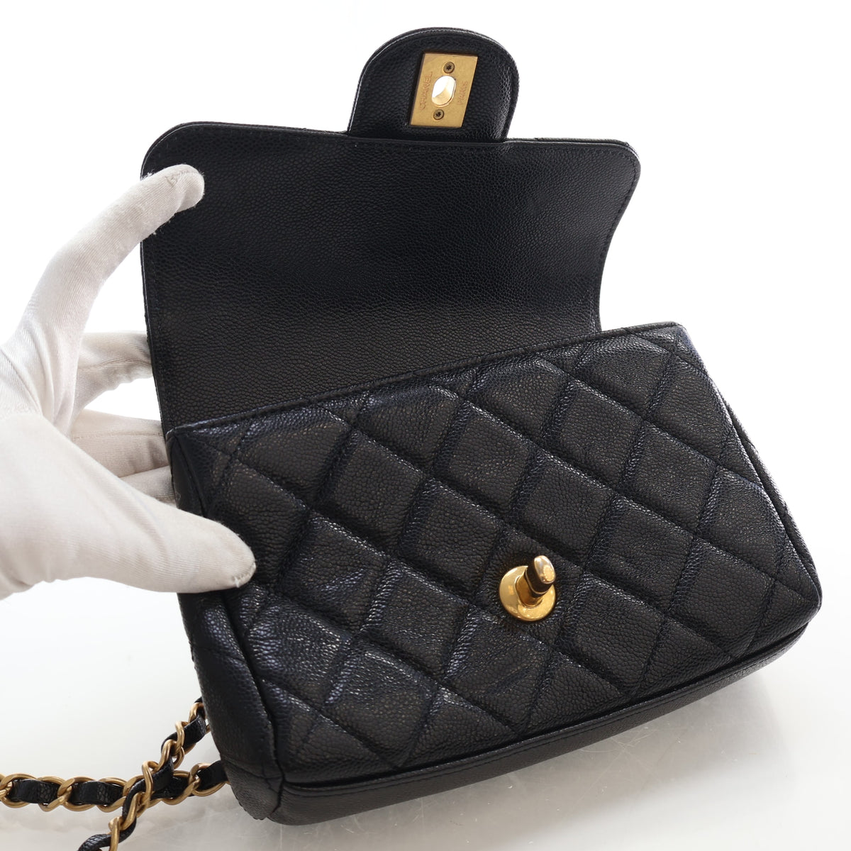 Pre-Owned Chanel Flap Bag Mini Caviar Leather Classic Single, open front view