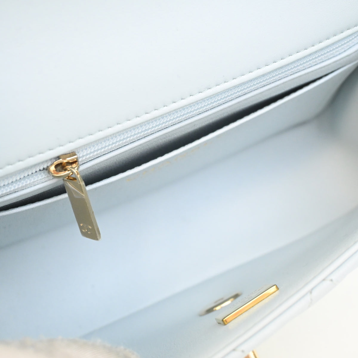 Pre-Owned Chanel Classic Flap Mini Lambskin Rectangular Top Handle Bag, open interior with lining