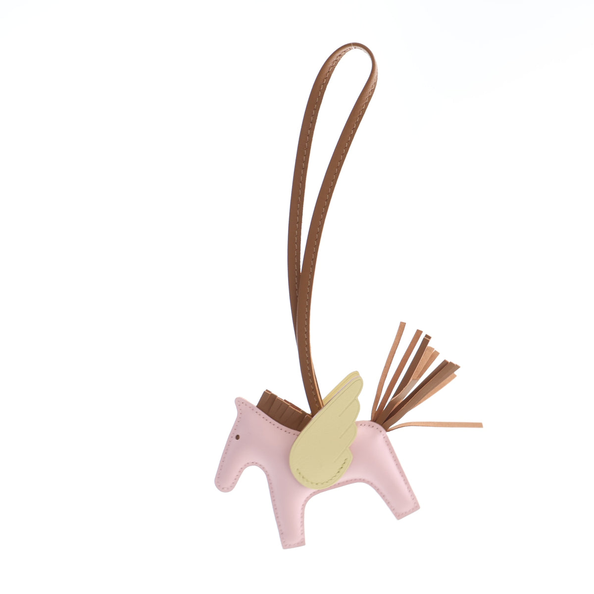 Pre-Owned Hermès Charm PM Mauve Pale Milo Lambskin Rodeo Pegase, detail view, authenticated at Luxe Du Jour
