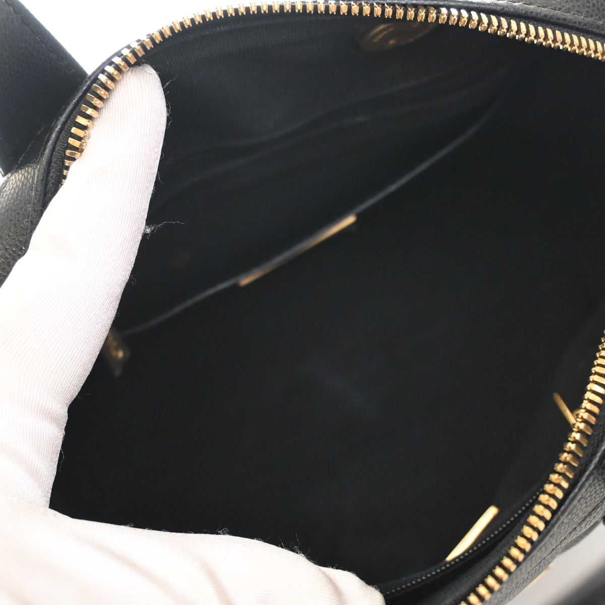 Pre-Owned Chanel Small Caviar Leather Bowling Bag, open interior with lining