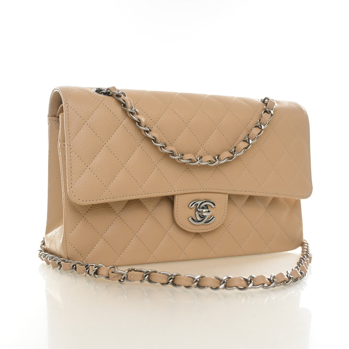 Pre-Owned Chanel Classic Flap Medium Caviar Leather Bag, three-quarter view, authenticated at Luxe Du Jour